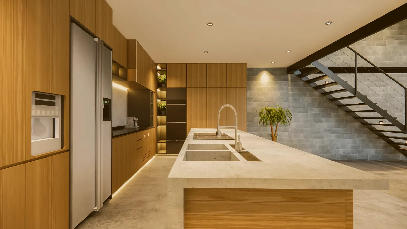 Cocina reformada con iluminación integrada, mobiliario contemporáneo y espacio de trabajo amplio