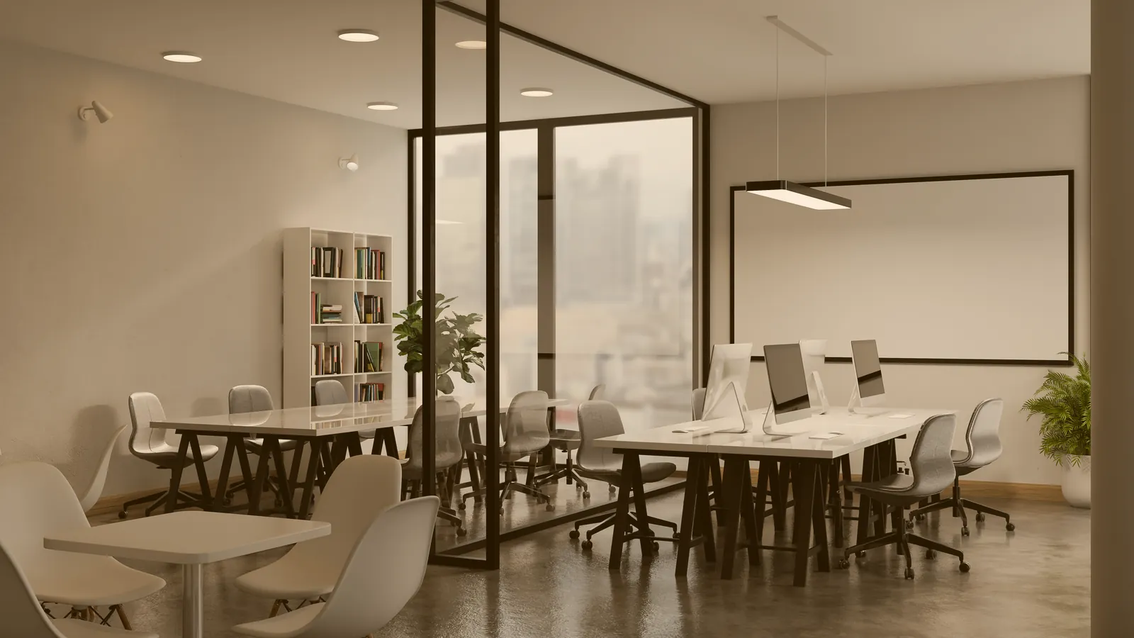 Oficina moderna renovada con una distribución funcional y acabados contemporáneos