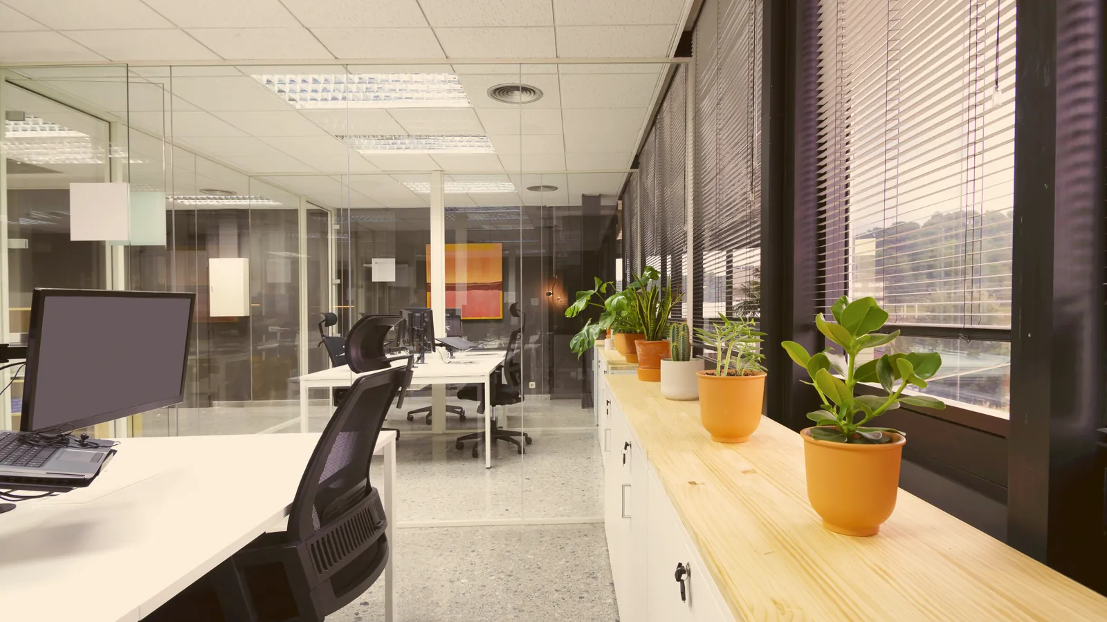 Diseño interior de oficina contemporánea con zonas de trabajo y reunión